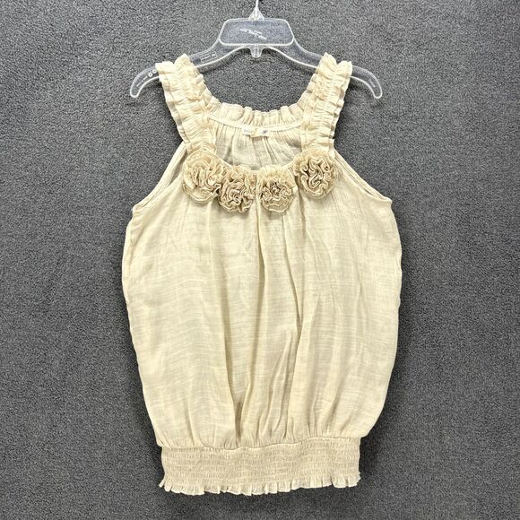 Mine Top Womens Small‎ Beige Ruffle Sleeveless Blouse semi sheer flower neck - Picture 1 of 14
